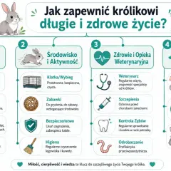 Ilustracja pokazuje, jak zapewnić królikowi długie i zdrowe życie: dieta, środowisko, opieka weterynaryjna i relacje.