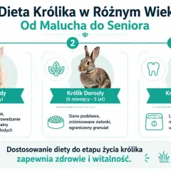 Królik młody je siano, zielonki i granulat. Dorosły królik ma siano jako podstawę diety, zróżnicowane zielonki i ograniczony granulat. Senior potrzebuje lekkostrawnego siana, miękkich zielonek i uwagi na wagę i zęby.