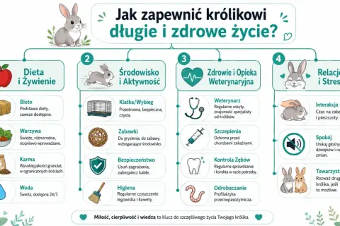 Ilustracja pokazuje, jak zapewnić królikowi długie i zdrowe życie: dieta, środowisko, opieka weterynaryjna i relacje.
