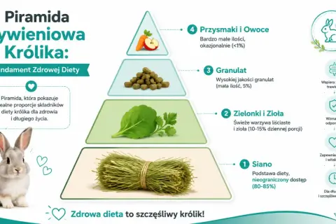 Piramida żywieniowa królika: siano, zielonki, zioła, granulat i okazjonalnie owoce. To podstawa zdrowej diety, co może jeść królik miniaturka.