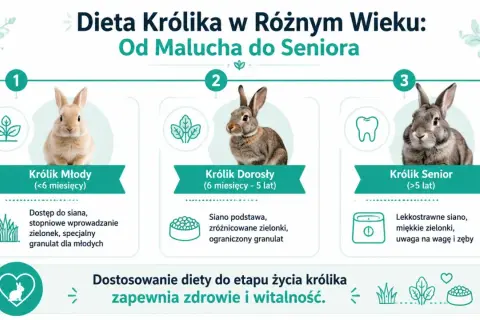 Królik młody je siano, zielonki i granulat. Dorosły królik ma siano jako podstawę diety, zróżnicowane zielonki i ograniczony granulat. Senior potrzebuje lekkostrawnego siana, miękkich zielonek i uwagi na wagę i zęby.