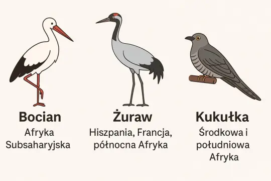 Ilustracja przedstawia bociana, żurawia i kukułkę – ptaki które odlatują na zimę do Afryki.