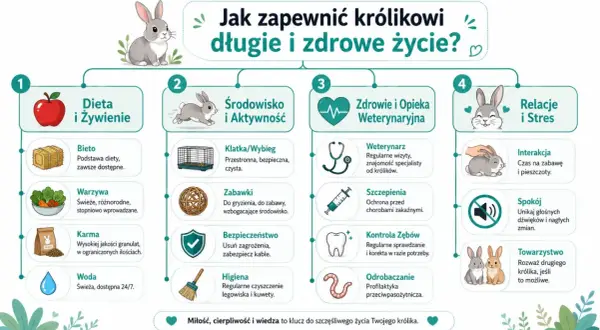 Ilustracja pokazuje, jak zapewnić królikowi długie i zdrowe życie: dieta, środowisko, opieka weterynaryjna i relacje.