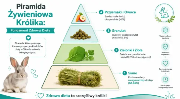 Piramida żywieniowa królika: siano, zielonki, zioła, granulat i okazjonalnie owoce. To podstawa zdrowej diety, co może jeść królik miniaturka.