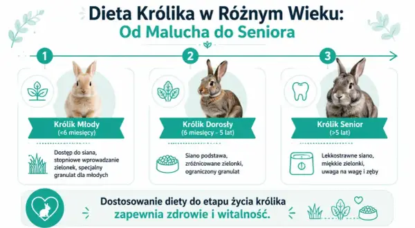 Królik młody je siano, zielonki i granulat. Dorosły królik ma siano jako podstawę diety, zróżnicowane zielonki i ograniczony granulat. Senior potrzebuje lekkostrawnego siana, miękkich zielonek i uwagi na wagę i zęby.