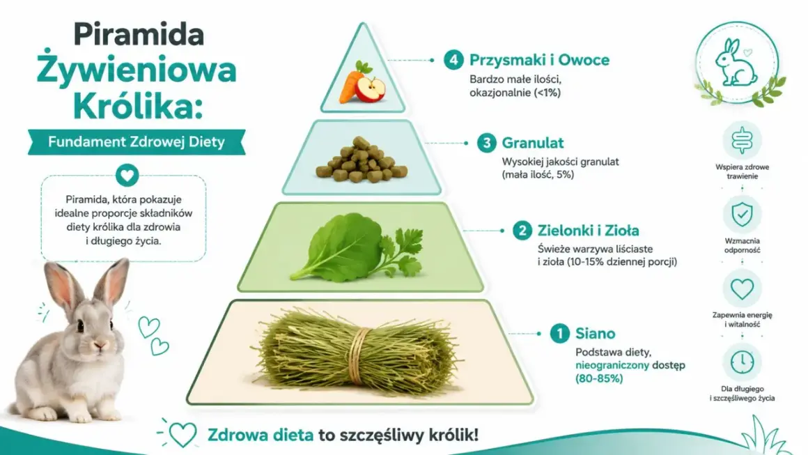 Piramida żywieniowa królika: siano, zielonki, zioła, granulat i okazjonalnie owoce. To podstawa zdrowej diety, co może jeść królik miniaturka.