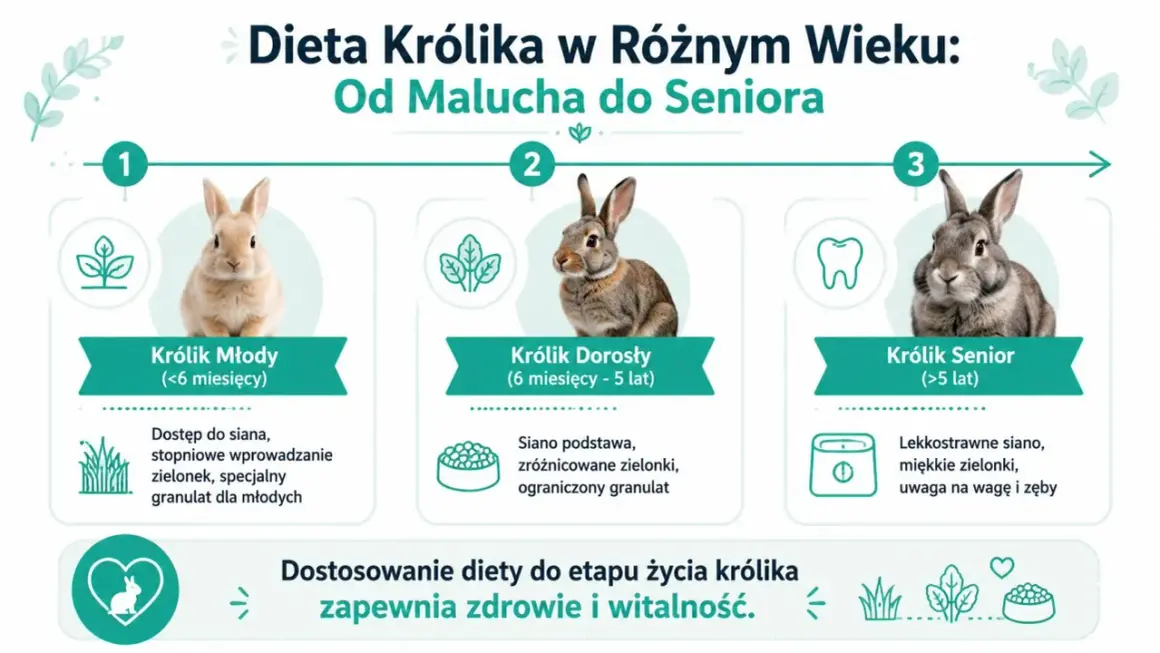 Królik młody je siano, zielonki i granulat. Dorosły królik ma siano jako podstawę diety, zróżnicowane zielonki i ograniczony granulat. Senior potrzebuje lekkostrawnego siana, miękkich zielonek i uwagi na wagę i zęby.