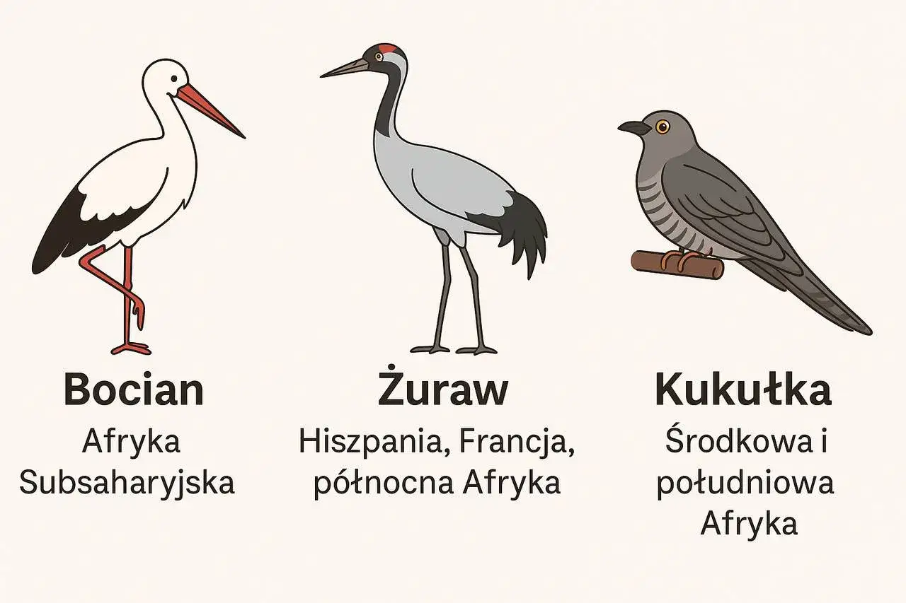 Ilustracja przedstawia bociana, żurawia i kukułkę, pokazując jakie ptaki odlatują na zimę do Afryki i Europy.
