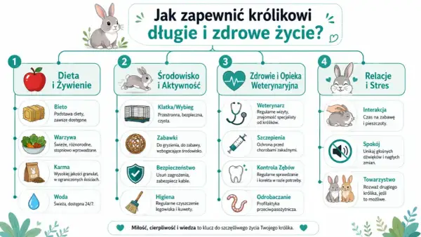 Ilustracja pokazuje, jak zapewnić królikowi długie i zdrowe życie: dieta, środowisko, opieka weterynaryjna i relacje.