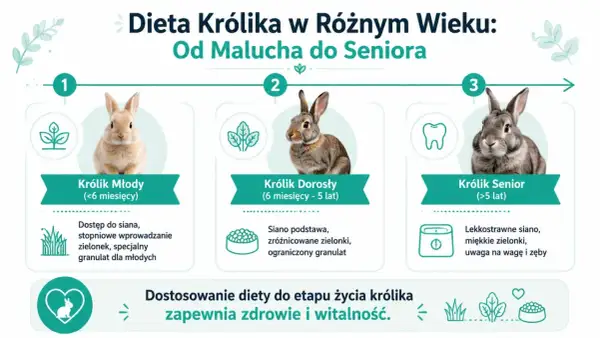 Królik młody je siano, zielonki i granulat. Dorosły królik ma siano jako podstawę diety, zróżnicowane zielonki i ograniczony granulat. Senior potrzebuje lekkostrawnego siana, miękkich zielonek i uwagi na wagę i zęby.